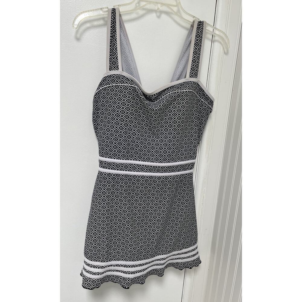 Shore Shapes Swimdress One Piece Bathing Swim Suit Retro 1950s Skirt Black White